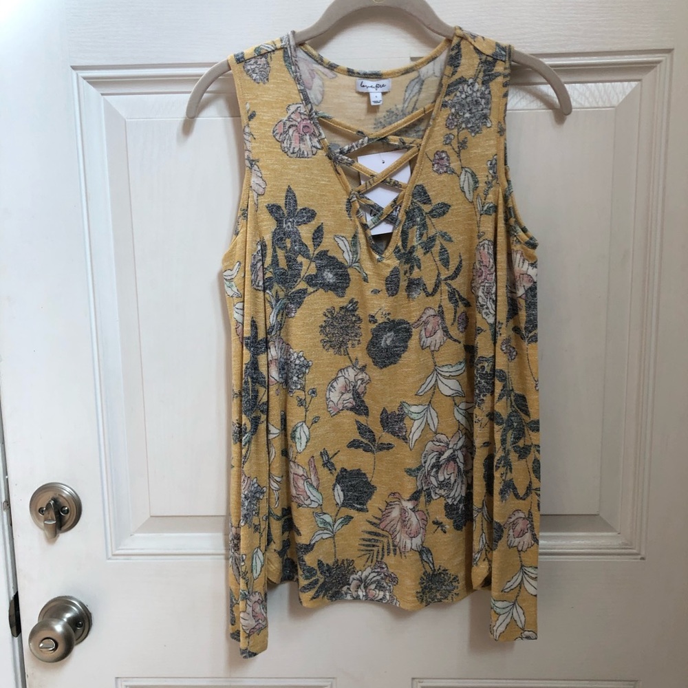 NWT Love, Fire floral off the shoulder lace up top